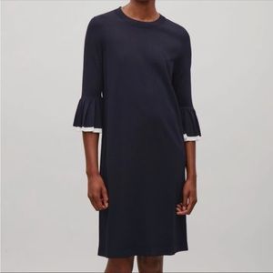 COS Navy Blue Knit Bell Sleeve Dress with White Trim